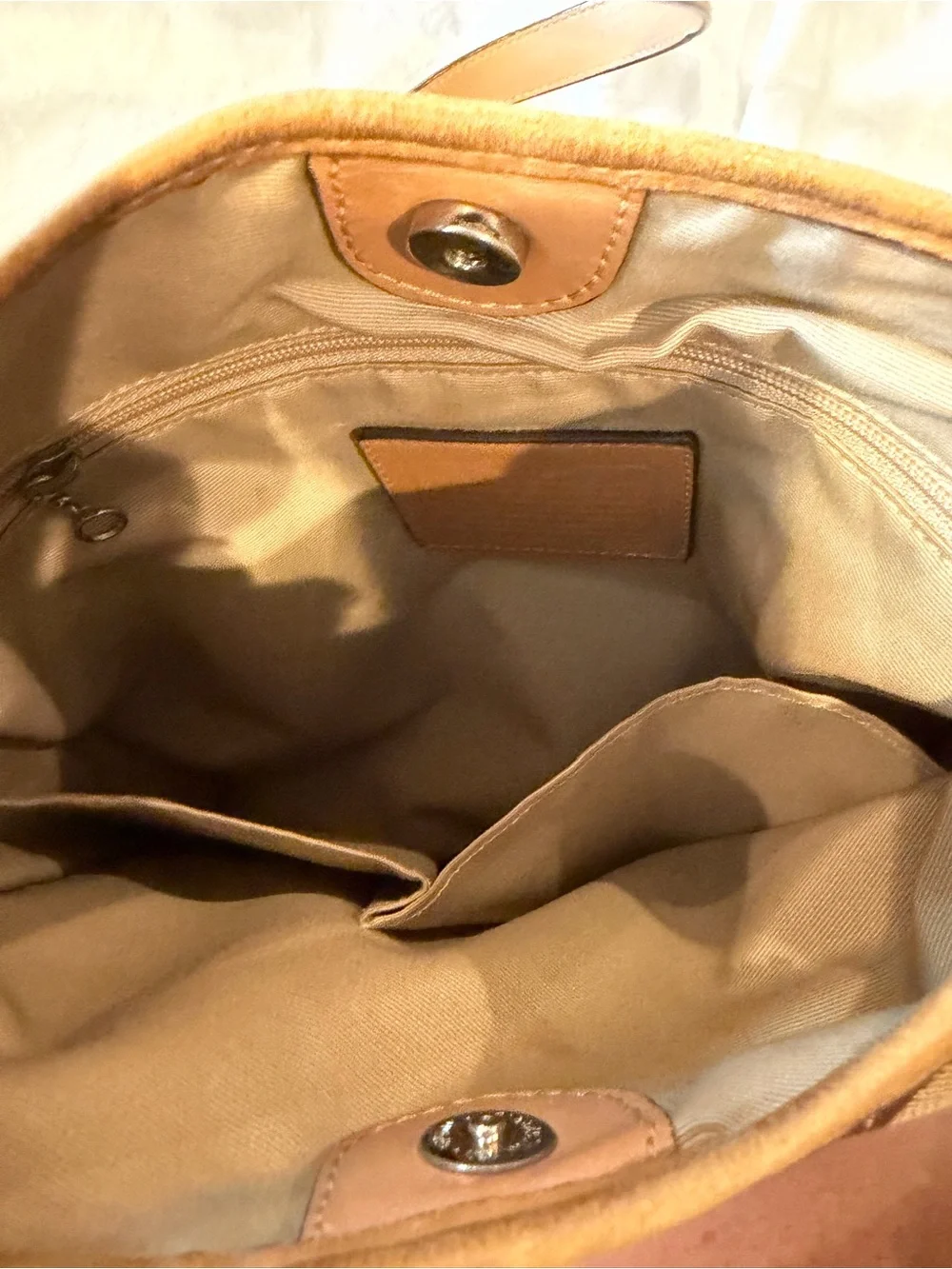 Coach Khaki/Brown Signature Canvas Shoulder Bag with Tan Trim
